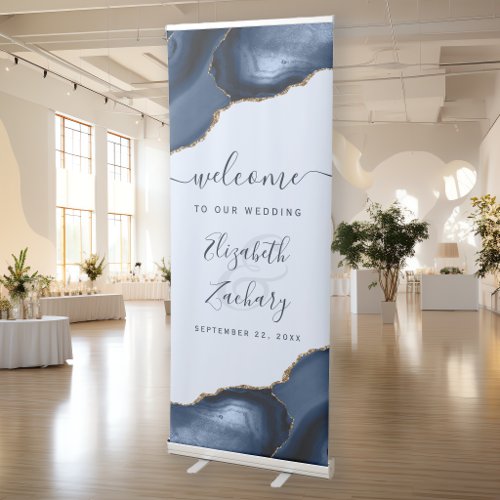 Elegant Navy Gold Agate Pale Blue Wedding Welcome Retractable Banner