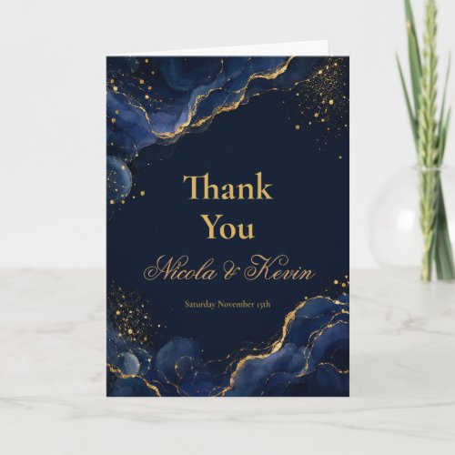 Elegant Navy Gold Alcohol Ink Wedding Anniversary Thank You Card