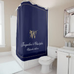 Elegant Navy, Gold and White Monogram Wedding Shower Curtain<br><div class="desc">Personalized Elegant Navy, Gold and White Monogram Wedding Shower Curtain. Stylish classic gold script for the initial, the names of the bride and groom and the wedding date on an elegant simple navy background. A perfect gift for newly weds, or beautiful for your own bathroom. Click personalize this template to...</div>