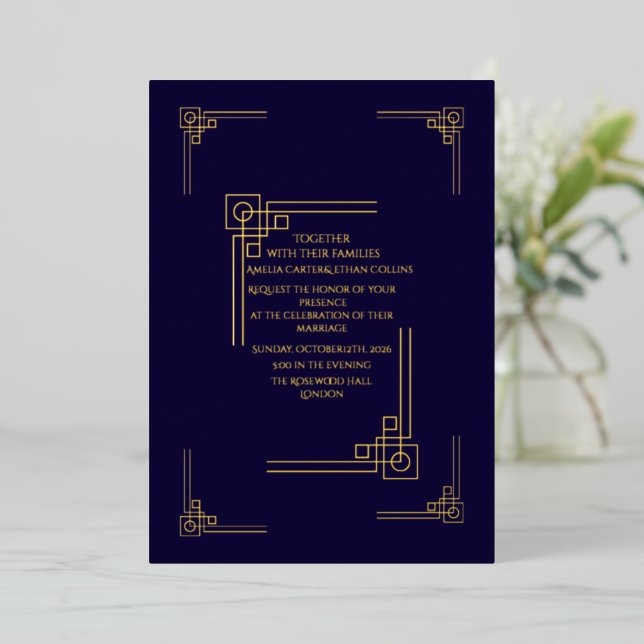 Elegant Navy& Gold Art Deco Personalized Foil Invitation (Standing Front)