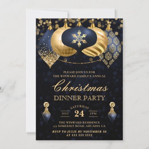 Elegant Navy  Gold Baubles Christmas Dinner Invitation