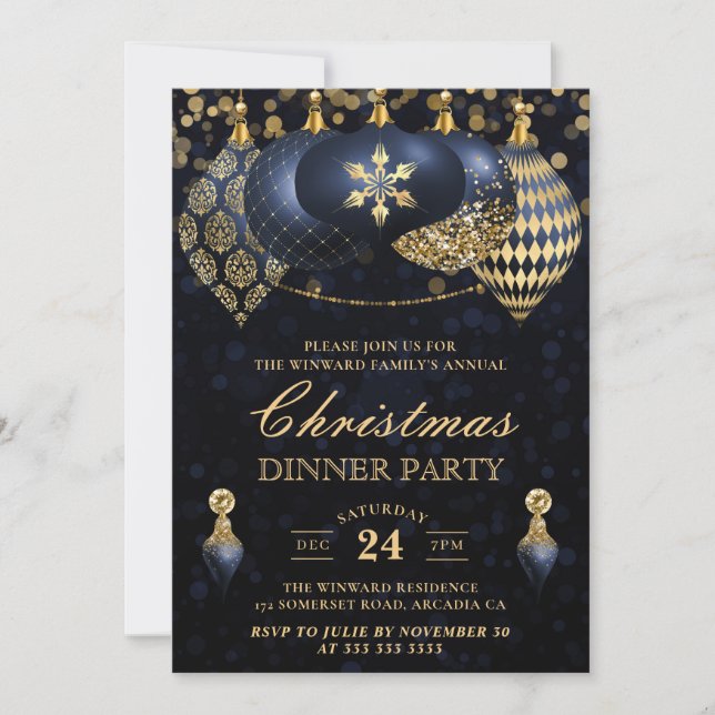 Elegant Navy & Gold Baubles Christmas Dinner Invitation (Front)