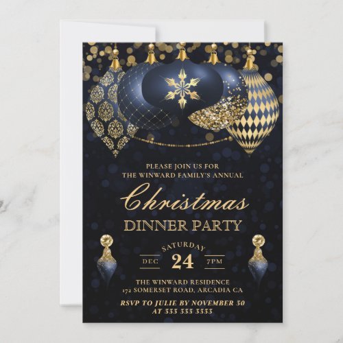 Elegant Navy  Gold Baubles Christmas Dinner Invitation