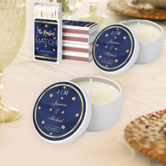 Elegant Navy & Gold Beige Floral Wedding Monogram  Mini Candle Favors (Creator Uploaded)