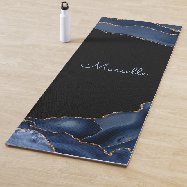Elegant Navy Gold Black Agate Geode Personalized Yoga Mat (In Situ)