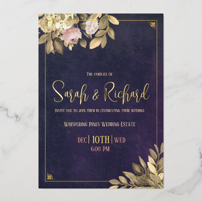Elegant Navy Gold Blush Accents Wedding  Foil Invitation (Front)