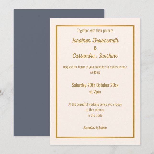 ELEGANT NAVY GOLD BLUSH NAVY REVERSE WEDDING INVITATION (Front/Back)