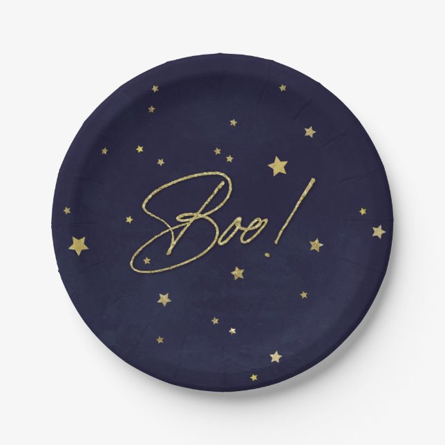 Elegant Navy/Gold Boo! Halloween Party Paper Plates (Front)