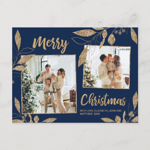 Elegant Navy Gold Botanical 2 Photo Christmas Postcard