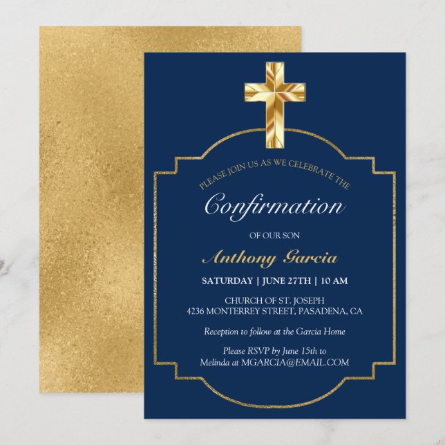 Elegant Navy Gold Boys Confirmation Invitation (Front/Back)