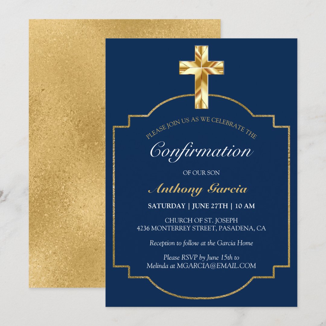 Elegant Navy Gold Boys Confirmation Invitation | Zazzle