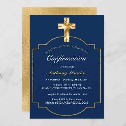 Elegant Navy Gold Boys Confirmation Invitation