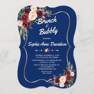 Elegant Navy Gold Burgundy Floral Brunch & Bubbly Invitation