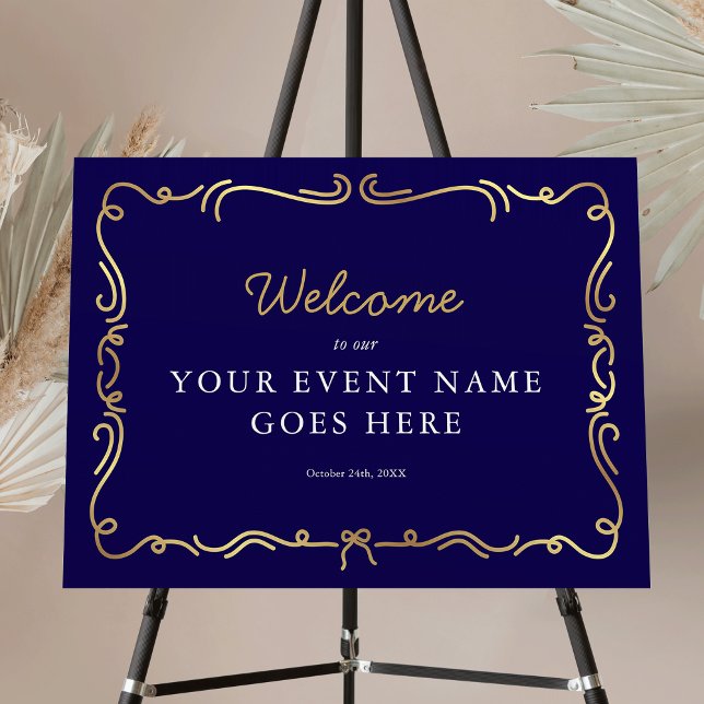 Elegant Navy & Gold Business Event Welcome Sign (Elegant navy and faux gold corporate event welcome sign design with vintage style hand drawn frame)