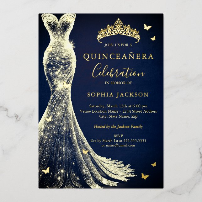 Elegant Navy Gold Butterfly Quinceanera Foil Invitation (Front)