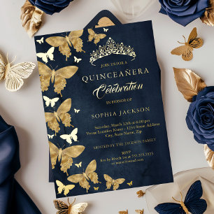 Elegant Navy Gold Butterfly Quinceanera Foil Invitation