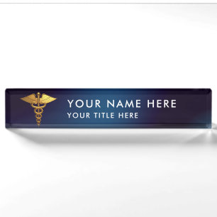 Elegant Navy Gold Caduceus Medical Doctor Desk Name Plate