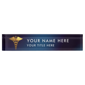 Elegant Navy Gold Caduceus Medical Doctor Desk Name Plate