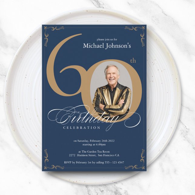 Elegant Navy Gold Calligraphy Photo 60th Birthday Invitation (Elegant Navy Gold Calligraphy Photo 60th Birthday Invitation)