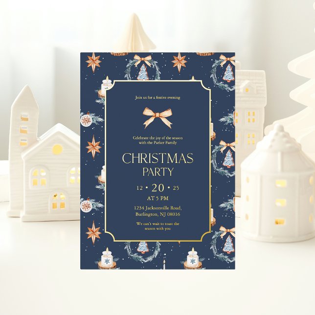 Elegant Navy & Gold Christmas Party  Foil Invitation (Creator Uploaded)