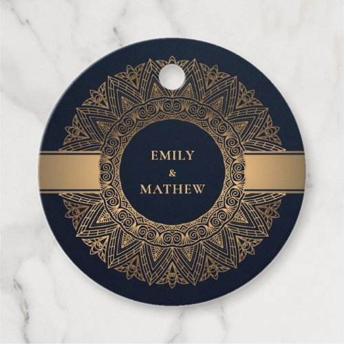 ELEGANT NAVY GOLD CLASSIC ORNATE MANDALA WEDDING FAVOR TAGS