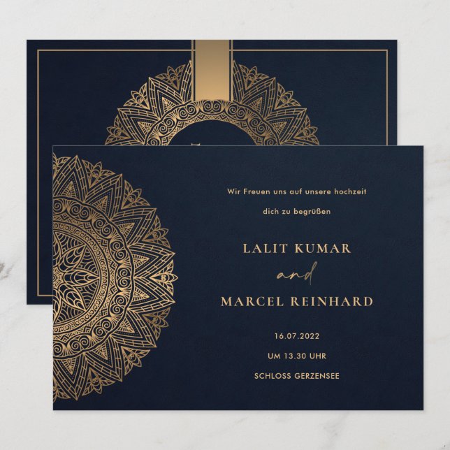 ELEGANT NAVY GOLD CLASSIC ORNATE MANDALA WEDDING INVITATION (Front/Back)