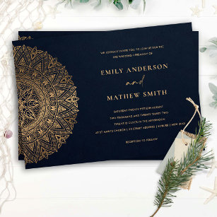 ELEGANT NAVY GOLD CLASSIC ORNATE MANDALA WEDDING INVITATION