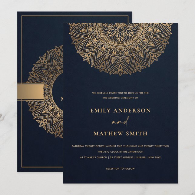 ELEGANT NAVY GOLD CLASSIC ORNATE MANDALA WEDDING INVITATION (Front/Back)