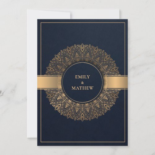 ELEGANT NAVY GOLD CLASSIC ORNATE MANDALA WEDDING INVITATION