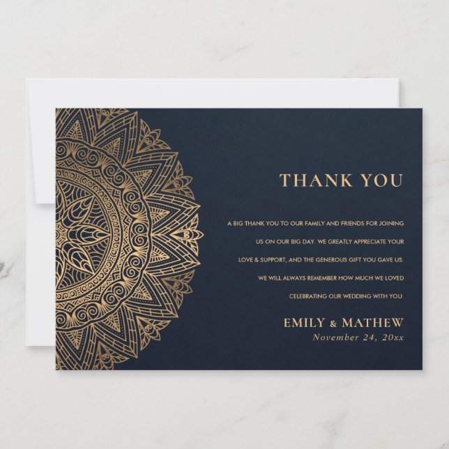 ELEGANT NAVY GOLD CLASSIC ORNATE MANDALA WEDDING THANK YOU CARD (Front)