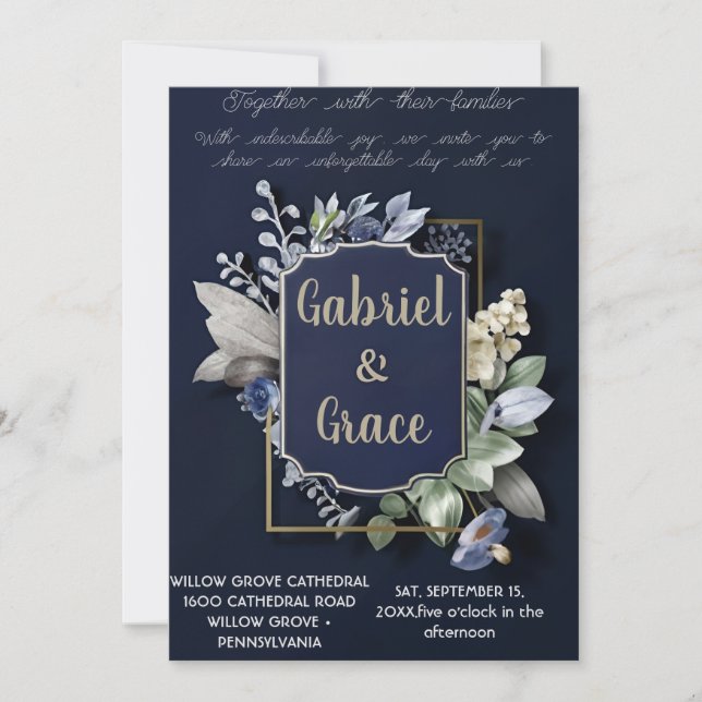 ELEGANT NAVY GOLD CLASSIC  WEDDING INVITATION (Front)