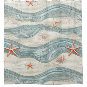Elegant Navy Gold Coastal Waves Starfish Shower Curtain
