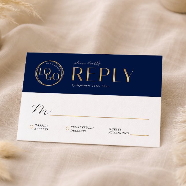 Elegant Navy & Gold Company Logo Business Event RSVP Card (Creator Uploaded)