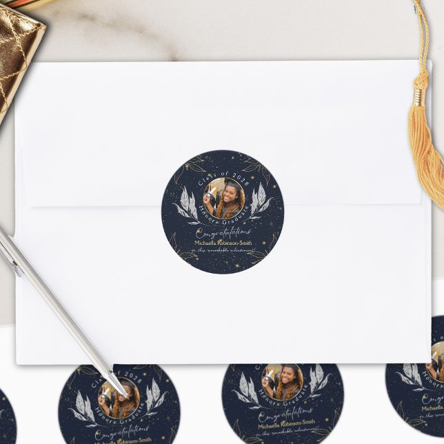 Elegant Navy Gold Congratulations Graduation Classic Round Sticker (Creator Uploaded)