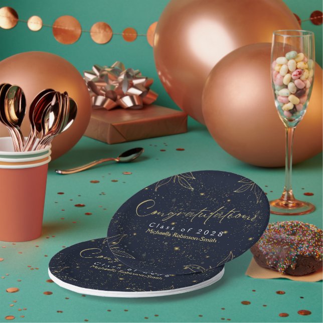 Elegant Navy Gold Congratulations Graduation Party Paper Plates (Multi)