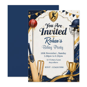 Elegant Navy & Gold Cricket Birthday Invitation