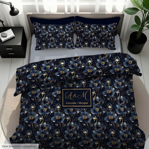 Elegant Navy Gold Duvet Custom Name Wedding Gift