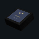 Elegant Navy Gold Eucalyptus Jewelry Bridesmaid Gift Box<br><div class="desc">A simple but sophisticated, elegant and traditional yet chic and modern bridal shower jewelry box that you can personalize fully. Two small branches of eucalyptus leaves, drawn in graphite pencil and layered (digitally) with gold, make a subtle and original decoration that lends an elegant but soft touch to festive events....</div>