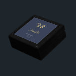 Elegant Navy Gold Eucalyptus Jewelry Bridesmaid Gift Box<br><div class="desc">A simple but sophisticated, elegant and traditional yet chic and modern bridal shower jewelry box that you can personalize fully. Two small branches of eucalyptus leaves, drawn in graphite pencil and layered (digitally) with gold, make a subtle and original decoration that lends an elegant but soft touch to festive events....</div>