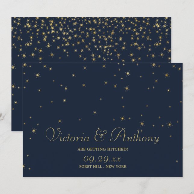 Elegant Navy & Gold Falling Stars Save The Date (Front/Back)