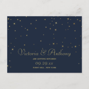 Elegant Navy & Gold Falling Stars Save The Date Announcement Postcard