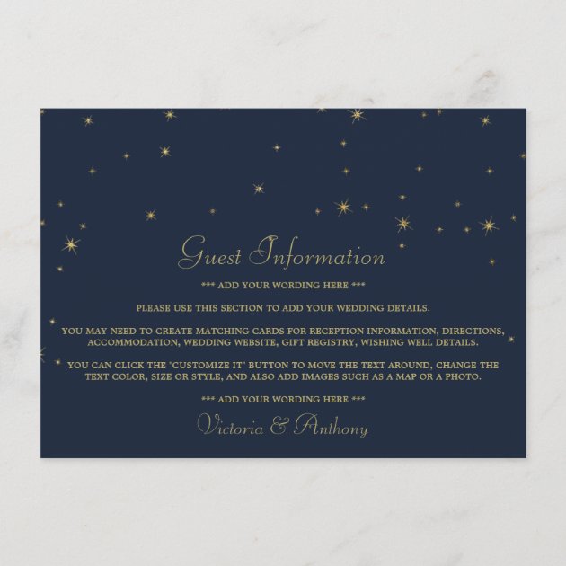 Elegant Navy & Gold Falling Stars Wedding Detail Enclosure Card