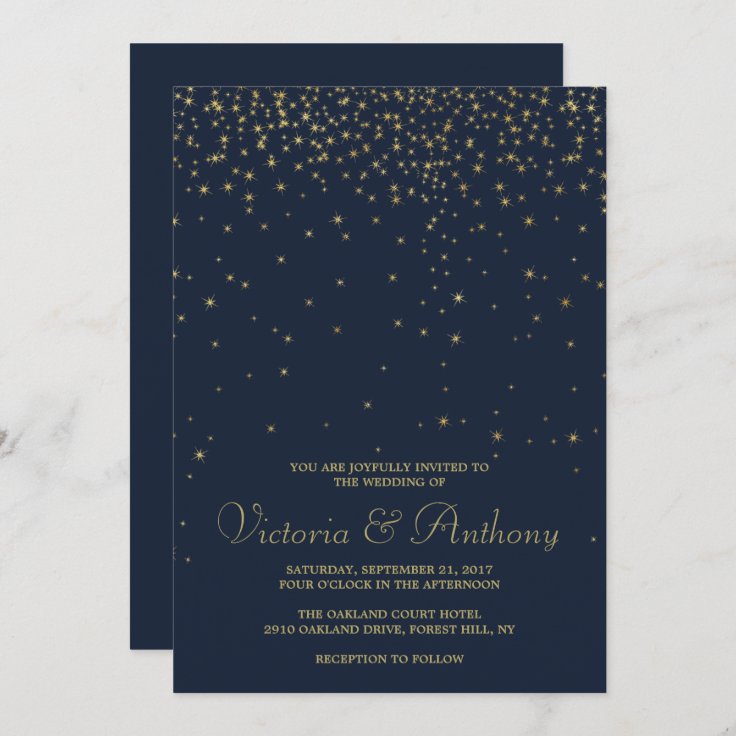 Elegant Navy & Gold Falling Stars Wedding Invitation | Zazzle