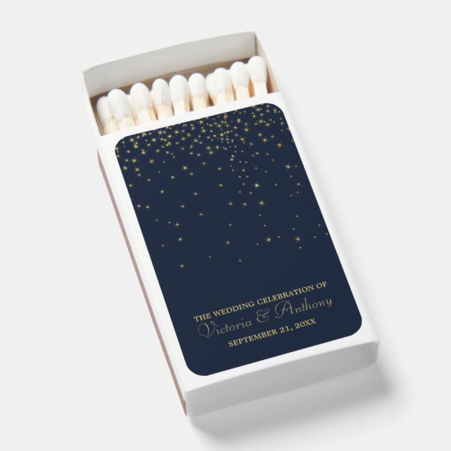 Elegant Navy & Gold Falling Stars Wedding Matchboxes (Front Open)
