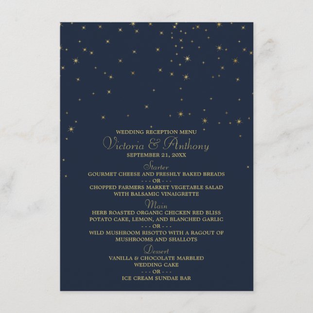 Elegant Navy & Gold Falling Stars Wedding Menu (Front)