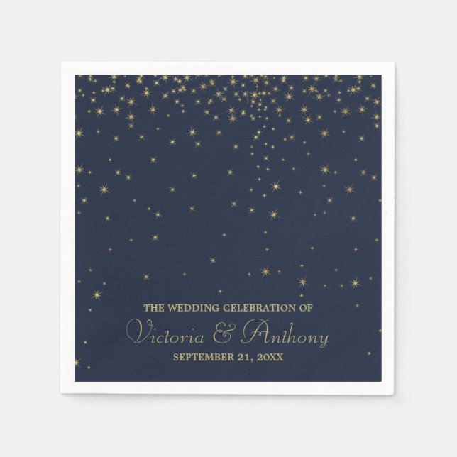 Elegant Navy & Gold Falling Stars Wedding Napkins (Front)