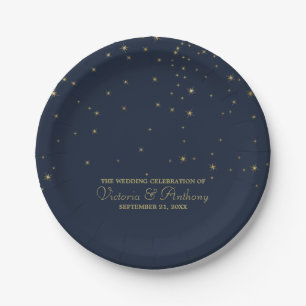 Elegant Navy & Gold Falling Stars Wedding Paper Plates