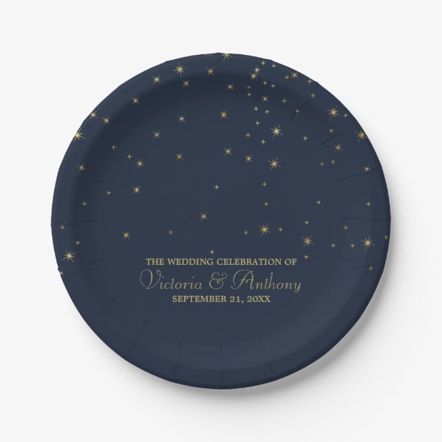 Elegant Navy & Gold Falling Stars Wedding Paper Plates (Front)