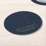 Elegant Navy &amp; Gold Falling Stars Wedding Round Paper Coaster at Zazzle