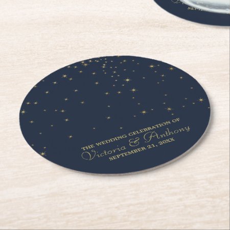Elegant Navy & Gold Falling Stars Wedding Round Paper Coaster